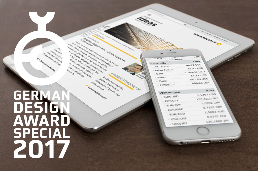 Artikelbild - mediagami erhält Sonderauszeichnung des German Design Award 2017 für das Commerzbank ideas Online-Magazin